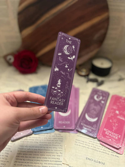 "The Fantasy Reader" Celestial Bookmark design on mauve card