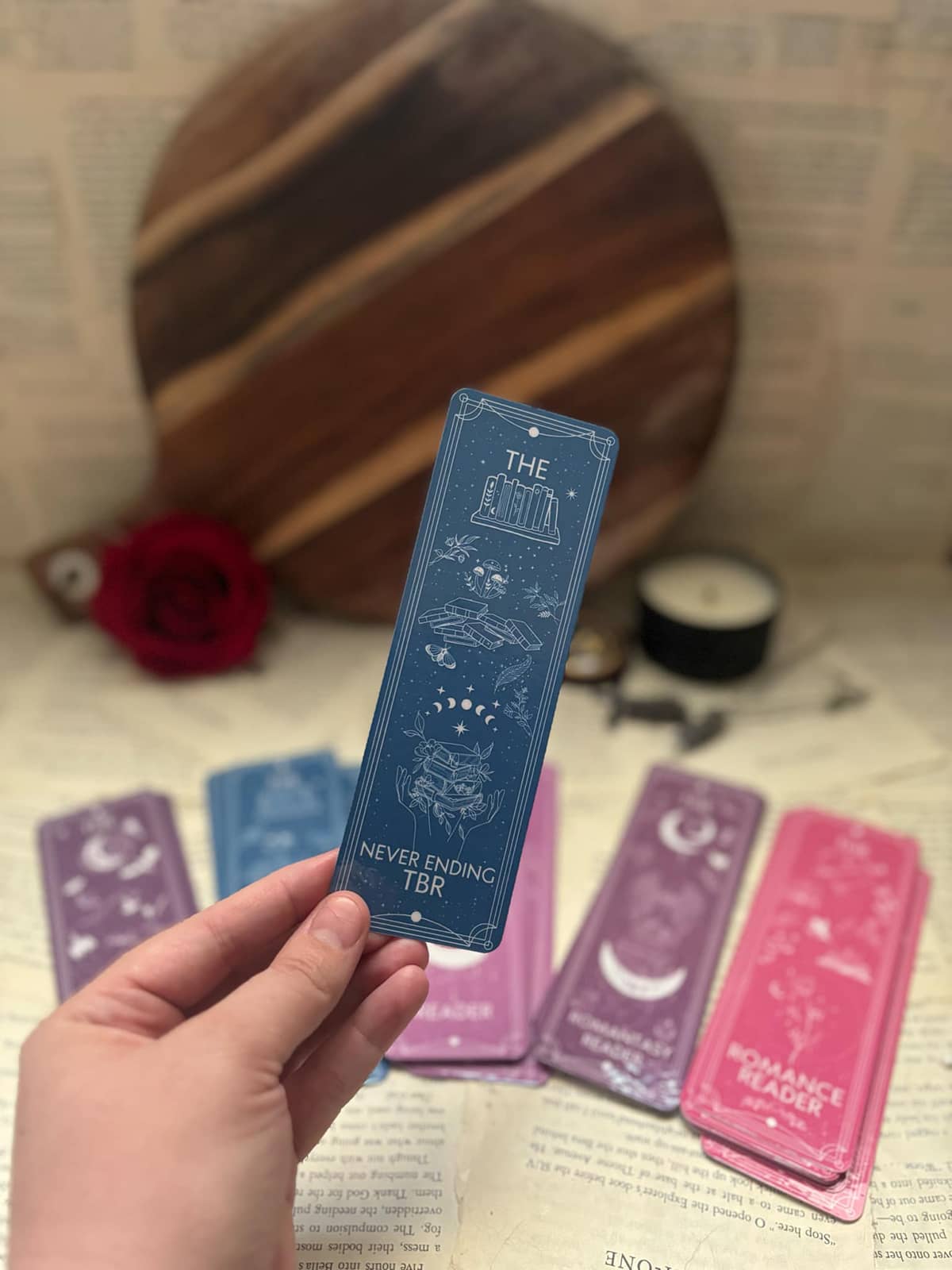 "The Never Ending TBR" Celestial Bookmark design on teal card