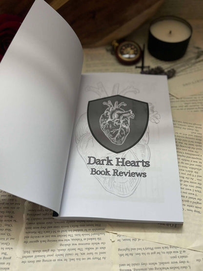 The Indie Realm Dark Hearts Dark Romance Book Review Journal, featuring inverted cover design on first page