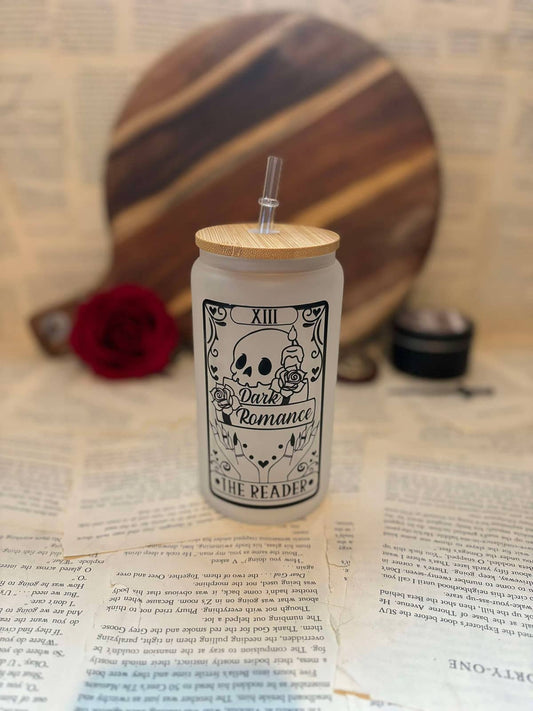 The Dark Romance Reader themed frosted glass cup featuring black graphic on frosted glass, with wooden lid and clear straw