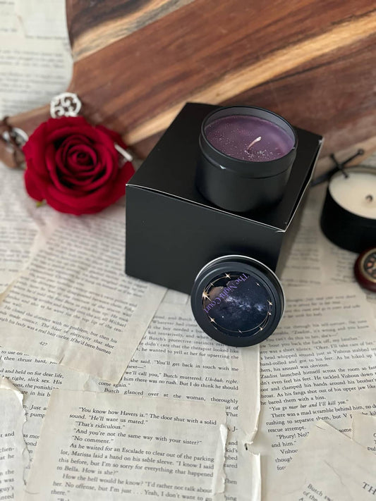 ACOTAR Mini Candles, featuring purple wax with silver glitter, packaged in ACOTAR themed black tin